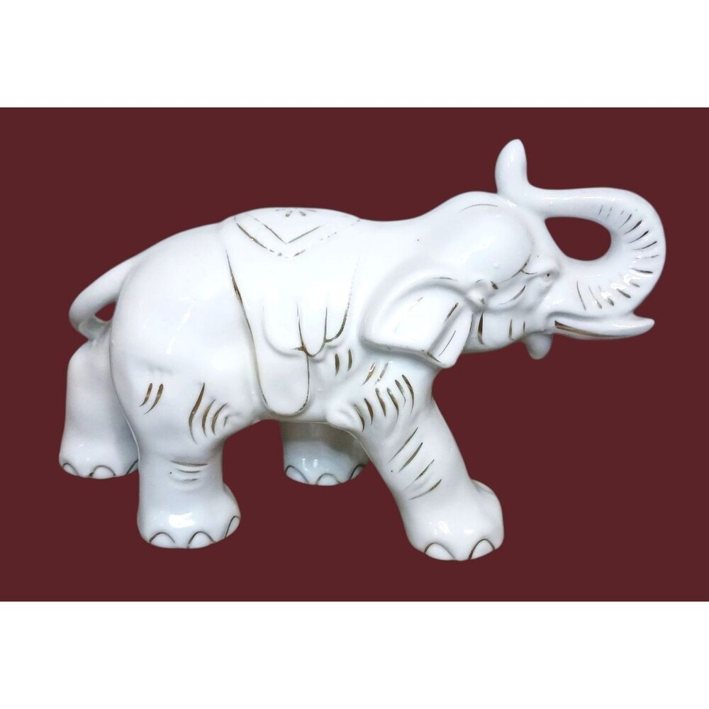 VTG Japan Ucagco White Ceramic Elephant Figurine Gold Accents Trunk Up Good Luck - Picture 3 of 6